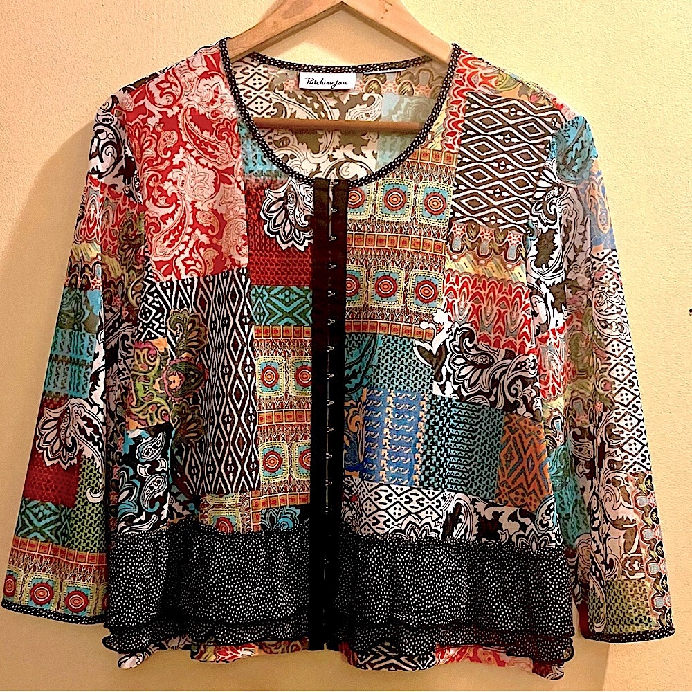 PATCHINGTON Multi Color Printed Mesh Peplum Top - Picture 3 of 7